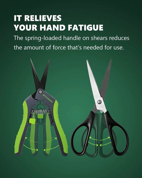 Two Pack 6.5 Inch Pruning Shears For Gardening Ultra Sharp Garden Scissors With Spring Loaded Mechanism Stainless Steel Bonsai Clippers Straight And Curved Blades For Precise Cuts displayed with green handles on a dark background.