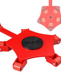 Beefy Heavy Duty Industrial Machinery Mover With Reinforced Steel Machine Skates And Sturdy Pull Handle For Smooth Shop Floor Equipment Transport At Fifteen Ton Capacity Set Of Six, red dolly with polyurethane wheels.
