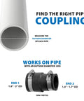 Flexible PVC Pipe Coupling 1-1/2 To 1-1/4 Inch For Cast Iron Plastic Or Steel Plumbing Connections with pipe measurements displayed