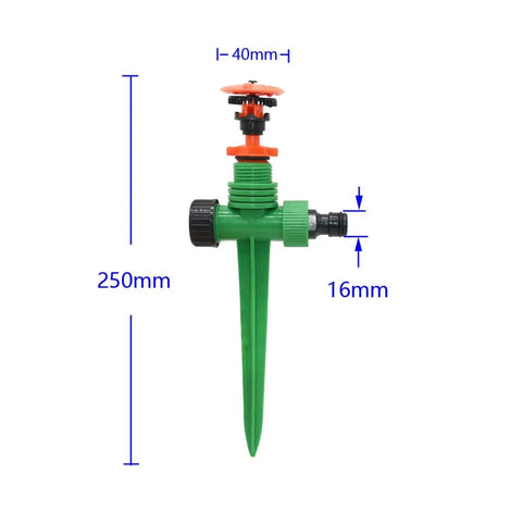 360 Degree Rotating Killer Sprinkler Set for Lawn and Garden, single sprinkler head with half-inch nozzle and green ground stake.