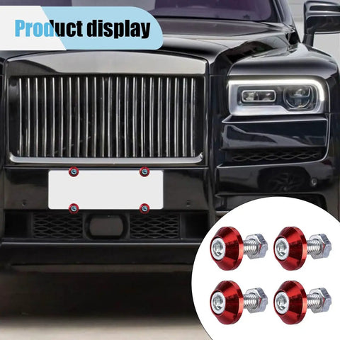 Heavy Duty Premium Red Aluminum Alloy Motorcycle License Plate Bolts 4 Piece Set displayed on black car front with empty plate.