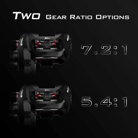 Royale Legend II Baitcasting Reel With Compact Low Profile Design 17.64 LB Carbon Drag Cross Fire 8 Magnet Braking System showing gear ratios 7.2:1 and 5.4:1