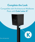 Heavy Duty Outdoor Package Drop Box With Locking Door In Black XL Steel mounted on a post, shown in a marketing image.