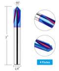 Front view of 90° V-bit carbide router with 1/4 in shank, blue nano coating, 4 flutes for wood CNC engraving