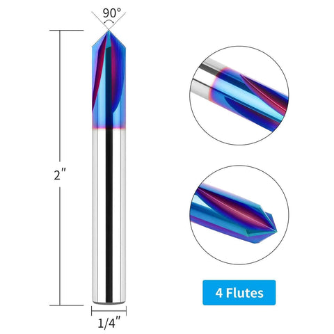 Front view of 90° V-bit carbide router with 1/4 in shank, blue nano coating, 4 flutes for wood CNC engraving