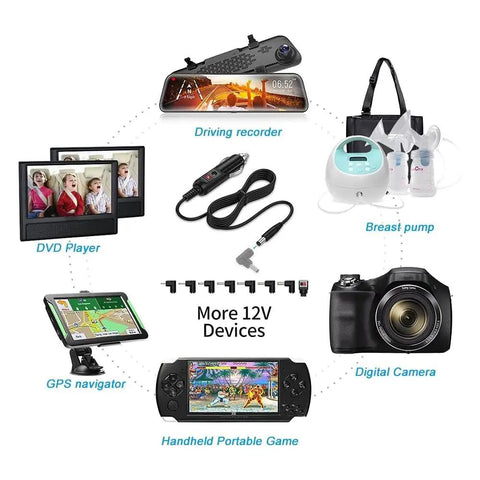 Keep Your Portable DVD Player And Gear Humming Like A Charm While You Hit The Road This Universal 12V DC Cigarette Charger is connected to various devices.