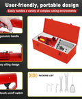 Heavy Duty 1250W Portable Electric Hydraulic Rebar Cutter shown with ergonomic handle, easy oiling, and included tools in red box.