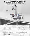 Heavy Duty Commercial Hand Sink Faucet With Slick Chrome Finish Rock Solid Brass Build Rust Resistant Gooseneck Spout shown with size and mounting details.