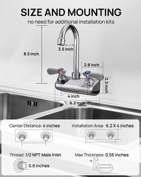 Heavy Duty Commercial Hand Sink Faucet With Slick Chrome Finish Rock Solid Brass Build Rust Resistant Gooseneck Spout shown with size and mounting details.