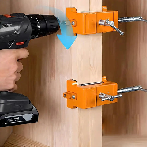Precision Woodworking Clamp And Drilling Holding Clip With Adjustable Positioning For Clean Accurate Drilling Every Time Rock Solid Steel Grip For DIY Projects Furniture Making And Crafting in use on wooden panels