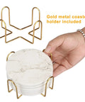 Hand holding 6 Pack White Marble Coaster Set With Holder, absorbent ceramic drink coasters for bar and coffee table