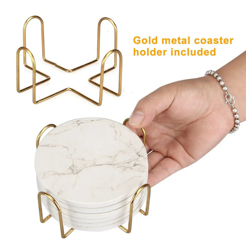 Hand holding 6 Pack White Marble Coaster Set With Holder, absorbent ceramic drink coasters for bar and coffee table