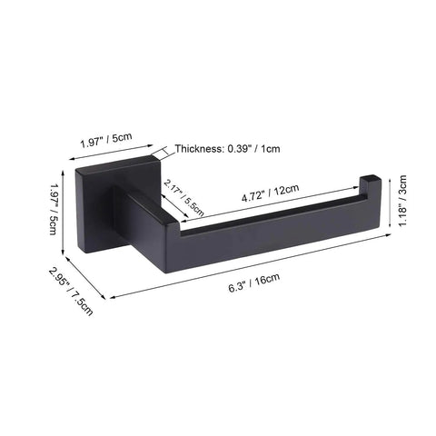 Sturdy SUS304 Stainless Steel Matte Black Toilet Paper Holder Wall Mount With Upward Bar And Open Side Design For Easy Roll Change Rust Resistant Anti Corrosion Heavy Duty Bathroom Lavatory Hardware with dimensions labeled.