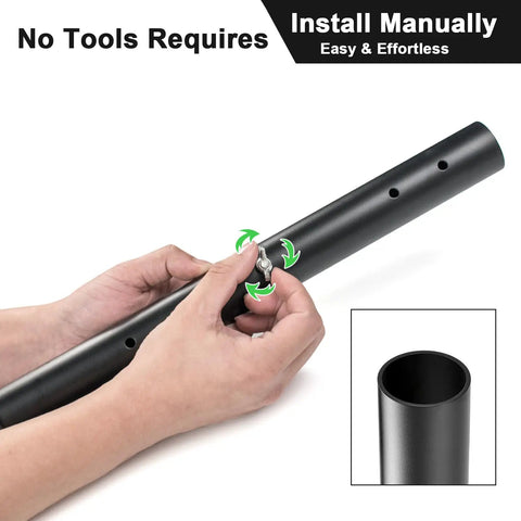 Hand adjusting black steel riser with tool-free setup for 4 Pack Heavy Duty Table Leg Extenders Rock Solid Steel Risers For Folding Tables Adjustable Height Lifter Fits Straight Or Bent Legs Quick Install Stabilizer Lets Your Tables Sit Dead Even Daily.