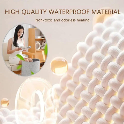 Close-up of waterproof material with woman using Under Desk Leg Warmer Space Heater With Blanket Portable Foldable Heat Pad.