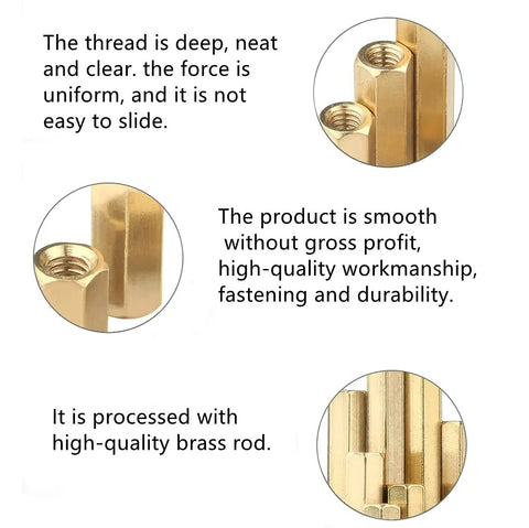 Top Tier Heavy Duty Brass M3 X 30Mm Straight Hex Standoff Pillar Spacers With Knockout Female Threads, clear threading detail.