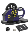 Overdrive Thirty Percent Metal Differential Gearbox With POM Skid Plate For One Tenth Scale LCG Transmission Compatible With RC Crawlers Like Axial SCX10 Capra Element Gspeed And DIY Chassis Purple For Your RC Rig, front view showing purple aluminum housing