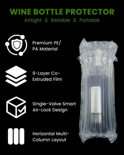Wine Travel Protector Bags With Quick Inflation Sleeve And Bubble Wrap Bottle Cushioning Upgraded Air Pump Reusable Single Valve Durable Nine Layer Wrap For Long Trips Shipping Or Moving, showing premium material and design features.