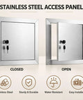 Heavy Duty Stainless Steel Drywall Access Door 28 X 28 Inch Wall Cutout Panel shown closed and open with key.