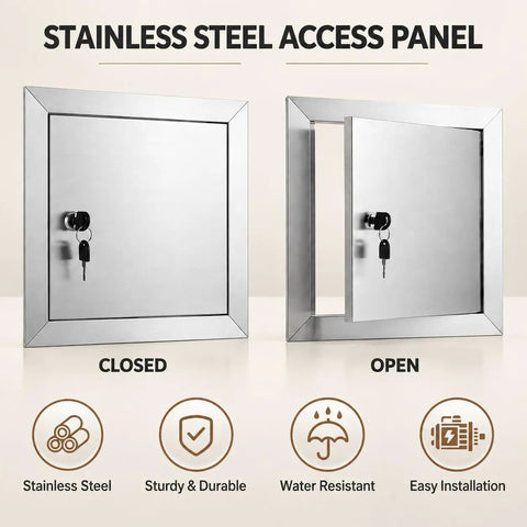 Heavy Duty Stainless Steel Drywall Access Door 28 X 28 Inch Wall Cutout Panel shown closed and open with key.