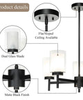 Matte Black Five Light Chandelier With Dual Glass Shades, adjustable hanging, modern farmhouse style, flat/sloped ceiling.
