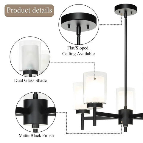 Matte Black Five Light Chandelier With Dual Glass Shades, adjustable hanging, modern farmhouse style, flat/sloped ceiling.
