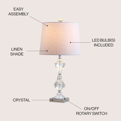Crystal Column Table Lamp 26 Inches, Glam Transitional Chrome Metal Base With White Linen Shade, LED Bulb Included