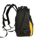 Side view of LED Light Tool Backpack With 57 Pockets Black And Yellow Three Light Settings Up To 39 Lumens Heavy Duty
