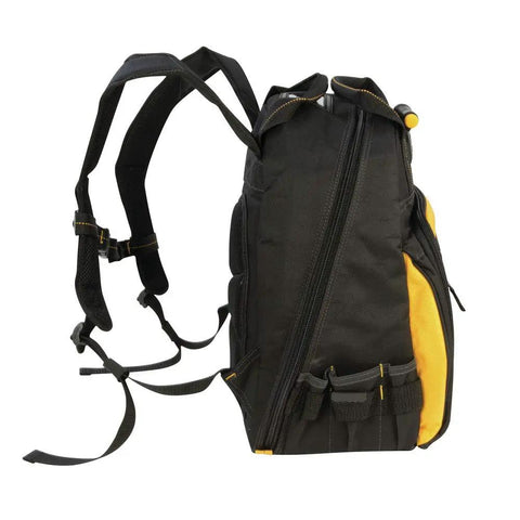 Side view of LED Light Tool Backpack With 57 Pockets Black And Yellow Three Light Settings Up To 39 Lumens Heavy Duty