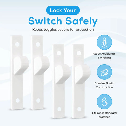 Image of 4 Pack White Toggle Switch Guard Covers That Screw On To Lock Your Switches In Place For Kid Safety And Appliance Protection Universal Fit No Fuss Setup, shown in white plastic next to feature icons.