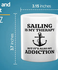 Is My Therapy Sailor Coffee Mug 11oz White For Boaters And Lake Lovers with anchor design and dimensions.