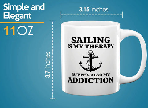Is My Therapy Sailor Coffee Mug 11oz White For Boaters And Lake Lovers with anchor design and dimensions.