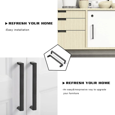 Sleek Five Inch Matte Black Cabinet Handles And Drawer Pulls For A Total Kitchen Glow Up With Solid Zinc Alloy Construction And 128 mm Center Spacing Fits Dressers Cupboards And Wardrobes Perfectly Includes Ten Pieces on a white cabinet door.