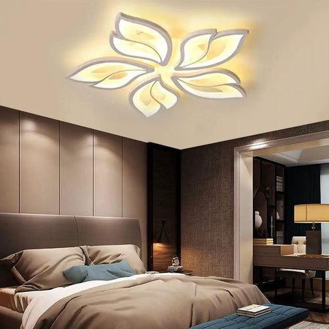 Modern Five Leaf LED Ceiling Light Fixture Chandelier Flush Mount Dimmable with remote in bedroom, flower-like design