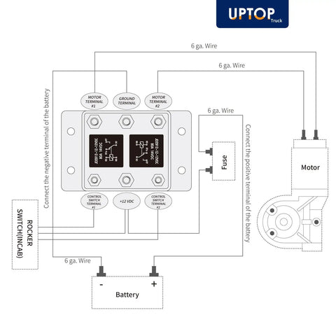 Wiring diagram for 12V Forward And Reverse Relay Module For Tarp Systems, Winch Motors, Hoists, Six Terminal