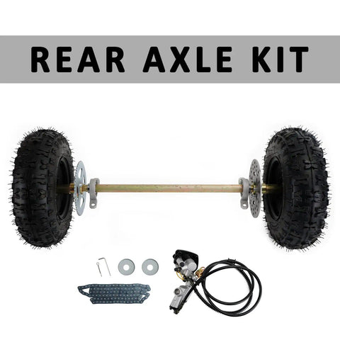 29 Inch Rear Axle Assembly Wheel Hub Kit For Go Kart Quad Trike Drift Bike Builds Complete DIY Replacement Beefed Up Rear End Parts For Street Track And Off Road Fun with brake, chain, and tires visible