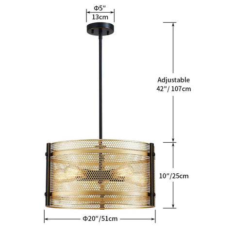 Farmhouse Drum Chandeliers Pendant Light Fixture With Gold Mesh Shade And Black Frame, 20 Inch Diameter And 10 Inch Height