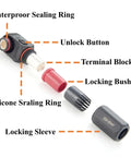 Heavy Duty Tough As Nails 90 Degree 350 Amp Single Core Plug For Electric Vehicle Battery And Energy Storage Connectors IP67 Waterproof Crimp Style parts including seals and locking bushings.
