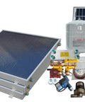 Three Panel Hybrid Solar Water Heater Kit With Single Row Setup And Zero Sweat In Subzero Weather To Slash Your Electric Tabs And Keep The Hot Water Rolling Smoothly All Season Long with panels and components.
