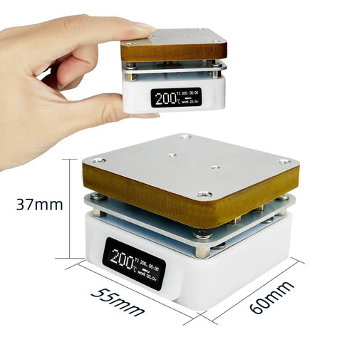 Electric Soldering Hot Plate 55mm X 55mm Plate shown with compact design and OLED display, illustrating size and features.