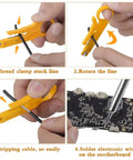 Pro Grade 60W Soldering Iron Kit With Digital Multimeter cable stripping and soldering steps on circuit board
