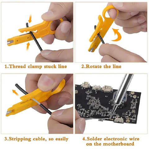 Pro Grade 60W Soldering Iron Kit With Digital Multimeter cable stripping and soldering steps on circuit board