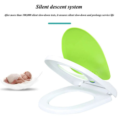 No Fuss Premium Durable Plastic Toilet Seat For Elongated Bowls Featuring Quick Swap Hinges Quiet Close Action Smooth Gliding Lid White Bathroom with green lid and baby in foreground.