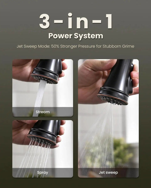 Oil Rubbed Bronze Pull Down Kitchen Faucet With Sprayer, Antique ORB Finish showing 3 spray modes: stream, spray, jet sweep.