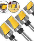 Heavy Duty 4 Piece Door Hinge Router Bit Set With One Quarter Inch Shank features yellow carbide blades for precise trimming.
