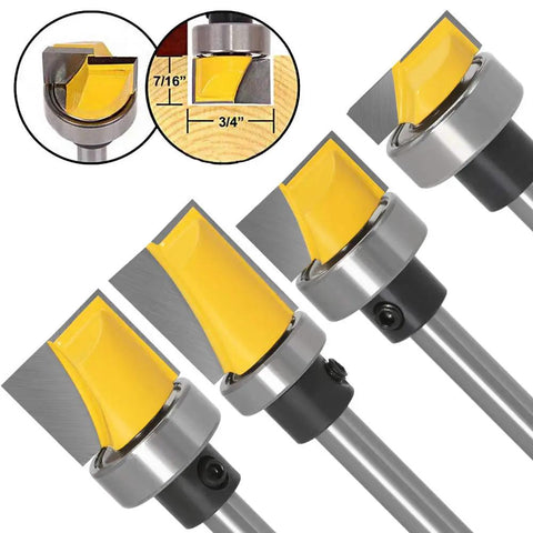 Heavy Duty 4 Piece Door Hinge Router Bit Set With One Quarter Inch Shank features yellow carbide blades for precise trimming.