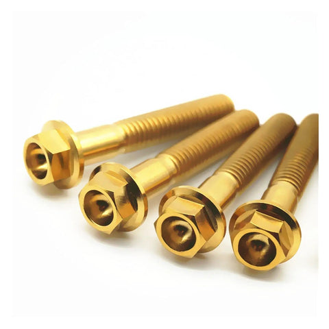 Grade Five Titanium Bolts Flange Head Screws For Mountain Bikes Hella Tough Cycling Hardware Frame Fasteners in gold color.