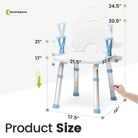 Heavy Duty Shower Chair With Back And Arms For Inside Shower, 450 Pound Weight Capacity, showing adjustable height and dimensions