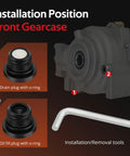 Installation diagram for 2 Piece Front Differential Oil Drain And Fill Plug Kit For Polaris RZR UTVs Including RZR 570 800 S 800 XP Turbo 900 1000 Trail 900 RZR XP 900 4 900 And 4 800 Models OEM Compatible, showing plugs and tool.