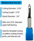 Precision Carbide Tipped Mini Flush Trim Router Bits With Bearing Guide One Quarter Inch Shank Four Piece Pro Gear Set For Woodworkers showing a mini flush trim bit with detailed measurements.